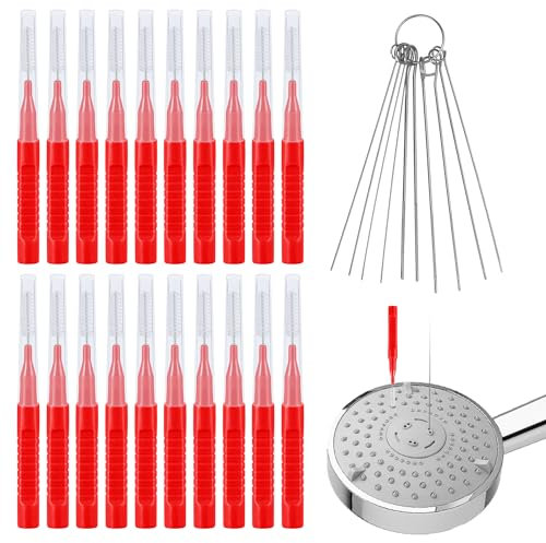 30pcs Nettoyant Pommeau de Douche Outils, Brosse Nettoyage Pommeau de Douche Pics de Nettoyage pour Pomme de Douche Brosse de Nettoyage pour Petit Trou Espace Buse Fente (Rouge)