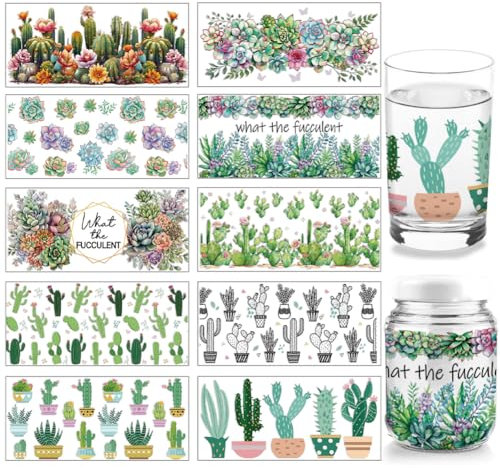 arricraft 10 Blatt UV-DTF-Cup-Folie Mit Wüstenpflanzen-Motiv, Abziehbilder Mit Kaktus-, Sukkulenten- Und Aloe-Mustern, Wasserfeste PVC-Transferaufkleber Für Selbstgemachte Glasbecher