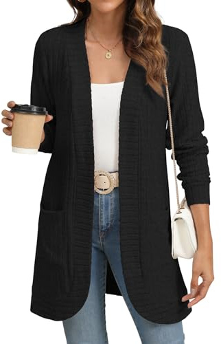 YSYOKOW Cardigan Sweaters for Women Long Sleeve Open Front, Black, L