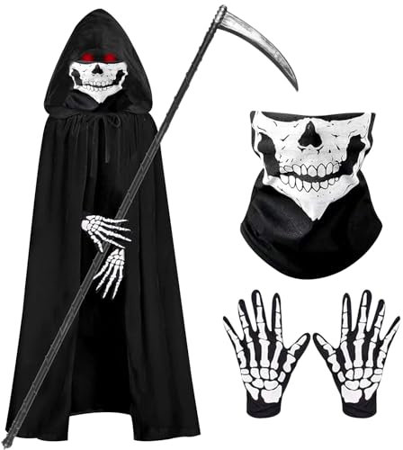 AsyinXson Costume di Halloween per Bambini, Costume da Morte, Halloween Falce, Scheletro Guanti, Maschera Teschio, per Halloween, Giochi di Ruolo di Carnevale, Feste in Costume (3-4)