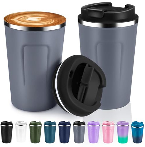 Volhoply 340ml 12oz Double Wall Insulated Vacuum Travel Coffee Mugs with Flip Lid Bulk 2 Pack,Reusable Stainless Steel Leak Proof Coffee Cup,Cafe Thermal Tumbler for Hot & Cold Drinks(Gray,2 Set)