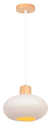 LIGKIN Keramische Hängeleuchte E27 Kreativer Kronleuchter Weißer Keramik-Lampenschirm Pendelleuchte Retro-Deckenlampe Holz für Schlafzimmer Küche Esszimmer, Ф23cm