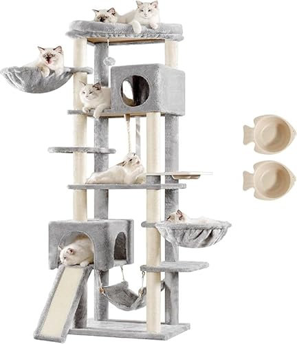 Hey-brother Kratzbaum, 180cm Indoor Katzenbaum, Mit 2 Höhlen, 2 Katzenkörben, Hängematte, Futternapf und Sisalkratzbaum mehrstöckiger Katzenkratzbaum, Hellgrau EMPJ036W