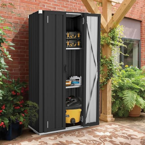 YODOLLA Gartenschrank, 177.5 x 76 x 55.6 cm Geräteschuppen Metall, Wetterfest Outdoor-Schrank Lagerschuppen Hohe für Terrasse, Rasen, Hinterhof, Grau