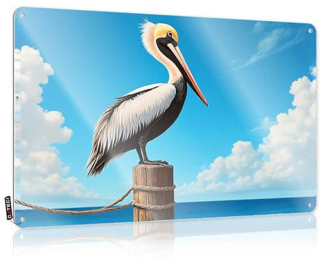 Bar Sign Metal Pelican Perched On A Wooden Post Tin Sign Funny Poster Sign Backyard Bar Sign(20X30CM)