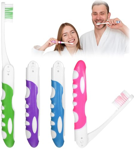 4 Stück Reisezahnbürste, Reisezahnbürste Klappbar aus PE und Nylon mit Weichen Borsten und Schutzkappe, Ideal für Reisen Camping oder Unterwegs für Erwachsene ＆ Kinder (Rosa,Blau,Lila,Grün)