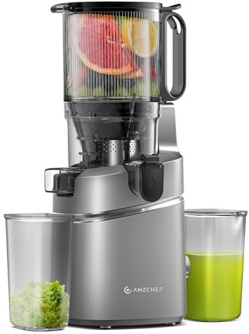 AMZCHEF Slow Juicer Extractor de zumo de frutas y verduras para frutas enteras, apertura XXL 145 mm, sin BPA con libro de recetas - recipiente 2L, triple filtro, gris
