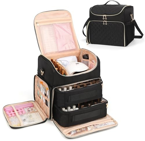 Extra Large Nail Polish Organiser Case Holds 86 to 100+ Bottles Nail Polish & Nail Lamp, Nail Supplies Storage Carrying Bag with 2 Removable Pouches, Nail Tech Travel Box (Black, 86 Slots)