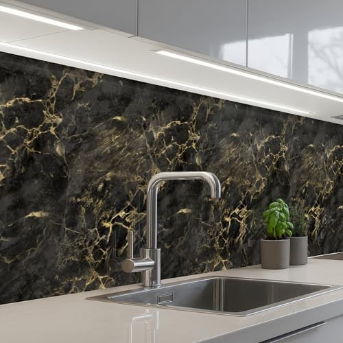 KitchenYeah© Rückwand Küche Rückwandschutz Selbstklebend Spritzschutz | 80x400 cm - Küchenrückwand Küchenfront Küchen Selbstklebende Küchenrückwände Schwarz - Marmor - Gold - Nerf