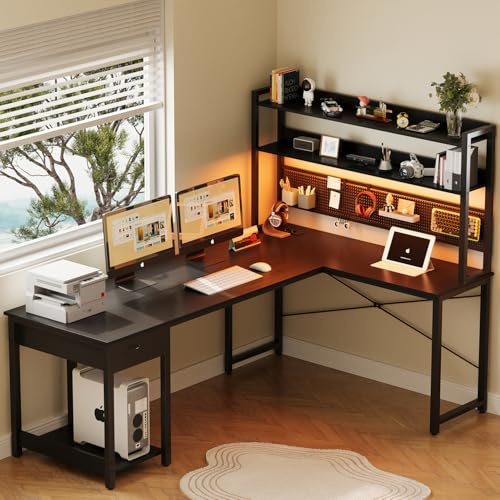 YOUDENOVA Schreibtisch mit Lochwand 155 x 100 cm Eckschreibtisch mit Regal Gaming Schreibtisch Groß mit Steckdosen & USB Ladeanschluss Gaming Tisch L Form mit Stauraum Schwarz
