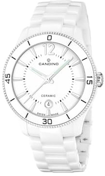 Candino Swiss Damenuhr Analog aus Keramik Weiß | Quarzuhr, Kalender, Widerstandsfähiges Saphirglas, Wasserdicht 5 ATM, C4794/2, Ceramic