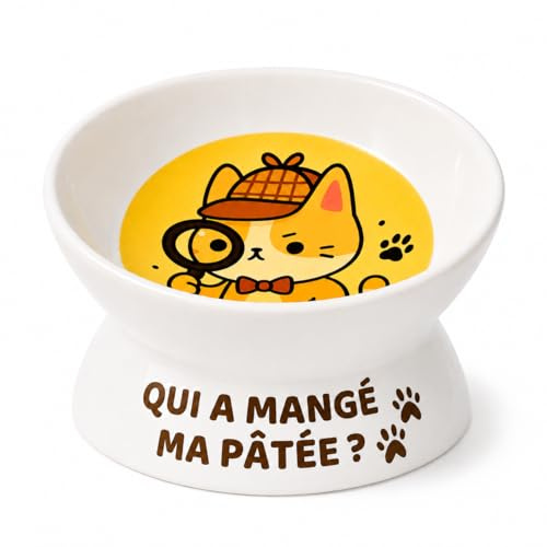 WholeSome Tech. Qui a mangé ma pâtée ? – Gamelle Chat Drôle en Céramique – Cadeau Original Amoureux des Chats – Bol Surélevé Design Humour – Anniversaire, Noël, Crémaillère