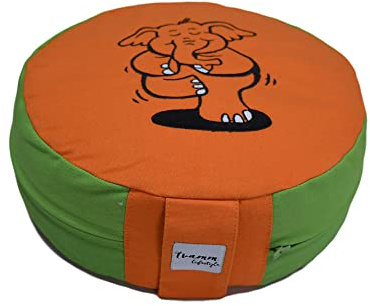 Tvamm Lifestyle Rund 7 Chakra Meditationskissen (Zafu) Buchweizenschalen, Ø 36 cm x 15 cm, Bezug und Inlett 100% Baumwolle, Bezug und Inlett maschinenwaschbar bis 30º C. (Grun/Orange)