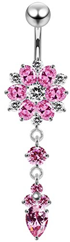 Pierre de la CZ rose Double couche fleur avec queue de fleurs pendantes 925 argent Sterling ventre barre Piercing bijoux