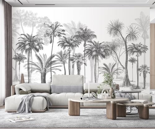 MIWEI Wallpaper Papier Peint Panoramique Arbre De Noix De Coco De Forêt Tropicale Humide Esquisse Noir Et Blanc Papier Peint Nature Intissé Murale Chambre Salon（430cmX300cm）