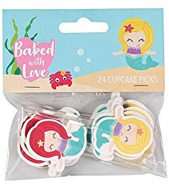 Baked With Love Mermaid Cupcake Picks, Mermaid Cake Decorations, Cake Toppers - 24 Pack