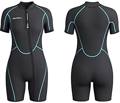 Muta corta da donna, 3 mm, in neoprene di alta qualità, con zip frontale, a maniche corte, per immersioni, snorkeling e surf (nero, S)