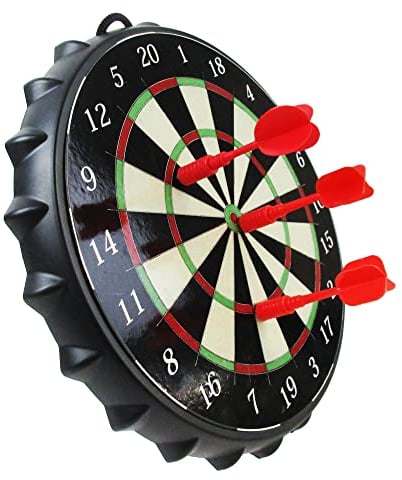 Karella Magnet Dartboard, magnetische Zielscheibe, Ø 25 cm, Dartspiel für Kinder, sicheres Dart Spielzeug, kleine Dartscheibe, Geschenk, Partyspiel, Set inklusive 2 Satz Mini Darts und 6 Kronkorken