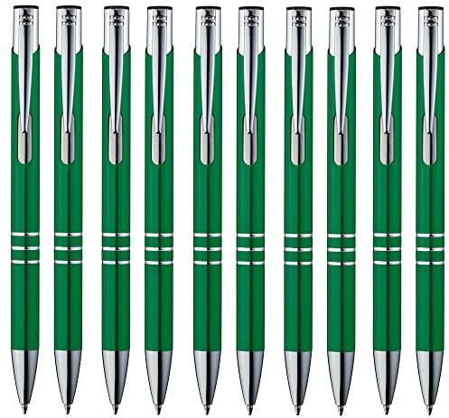 Libetui Pack 10 hochwertige Kugelschreiber Metall Metallkugelschreiber Grüne Druckkugelschreiber mit blauer Tinte, auswechselbare Großraum-Mine blauschreibend Kulis