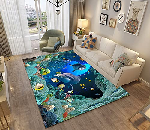 Stillshine. 3D Ozean Tier Teppich Kinder Junge Erwachsene Schlafzimmer Dekoration,Meeresschildkröte Tintenfisch Delfin Motiv Modern rutschfest Flanell Kinderteppiche (Farbe 4, 100×120 cm)
