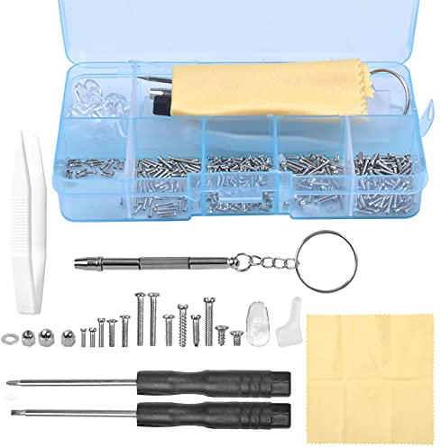 Kit di Riparazione per Occhiali, 500 Pezzi Viti per Occhiali Kit con Dadi per Viti, 10 Paia di Naselli, Mini Cacciavite e Pinzette per Riparazione Occhiali da Vista, Occhiali da Sole, Orologio