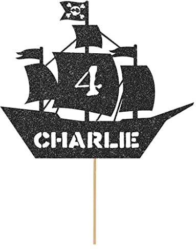 Personalised Birthday Pirate Ship Glitter Cake Topper- Black Any Custom Age & Name Glitter Cake Decoration and Sprinkles - Happy Birthday Decorations - Personalised Toppers for Cakes by Cakeshop