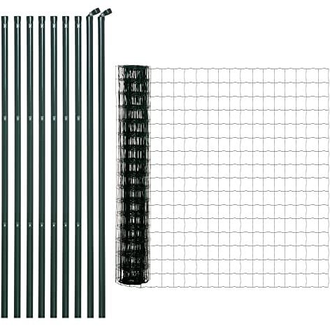 Outsunny Grillage Rouleau soudé - Maille 7,3L x 6,3l cm - Hauteur 2 m - Longueur 10 m - poteaux, Jambes de Force Inclus - Acier revêtement PVC Vert