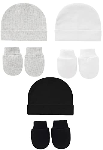 Snegyu Gorro de hospital de algodón para recién nacido, gorro y manoplas antiarañazos, para bebés recién nacidos de 0 a 3 meses, gorro y guantes esenciales, 6 piezas