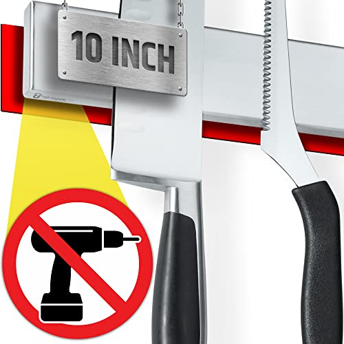 Starker Kleber (ohne Bohren) magnetischer Messerhalter für die Wand – Professionelle 25,4 cm Messerleiste – keine Schrauben erforderlich – selbstklebende Rückseite – Edelstahlstange (verbesserte