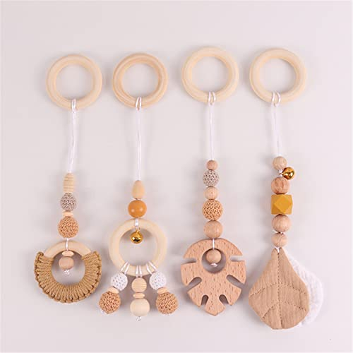 4 Stück Spielbogen Anhänger, Gym Spielzeug Charms, Holz Spielbogen für Baby, Hängende Spielzeug für Neugeborenen Shower Geschenk (Khaki)