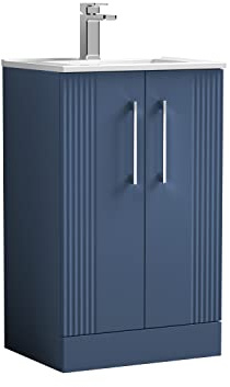 nuie DPF323B Deco Modern Bathroom Floor Standing 2 Door Part Fluted Vanity Basin Unit with Minimalist Ceramic Basin, 500mm, Satin Blue