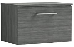 nuie ARN522W Arno Modern Bathroom Wall Hung 1 Drawer Vanity Unit with Colour Worktop, 600mm, Woodgrain Anthracite