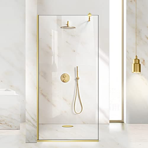 Aqua Roy Gold, Size 80 cm from 70/80/90/100/110/120, Walk in Shower Screen, Shower Enclosure, 8 mm Clear Glass, Polished Brass (80x195 cm)
