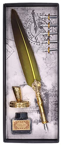 LIZEALUCKY Vintage Feather Pen Set Antik Kalligrafie Schreibfeder Set mit leerem Tintenfass und 5 Ersatzspitzen Stiftspitzenbasis in Geschenkbox(Gelb)