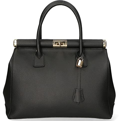 Damenhandtasche mit zwei Fächern und abnehmbarem Schultergurt. Italienisches Handwerksprodukt aus echtem Dollar-Leder. Hergestellt in Italien GLX22800523FBG-D28_BLACK 35x26x16 cm