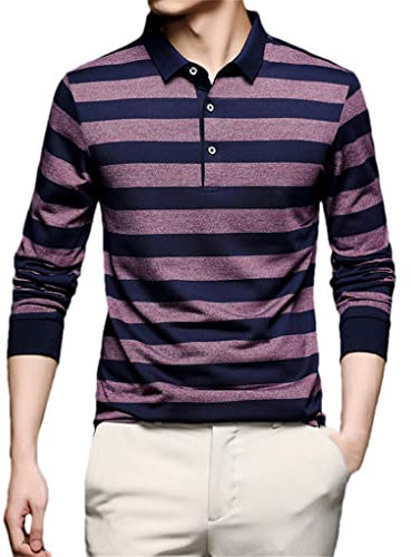Dninmim Polo a rayas para hombre casual de manga larga, fucsia, XL
