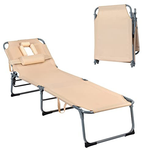 COSTWAY Lettino Prendisole Pieghevole, Sedia a Sdraio da Giardino con Foro per il Viso e Cuscini, Schienale Reclinabile, per Spiaggia Patio Piscina (beige)
