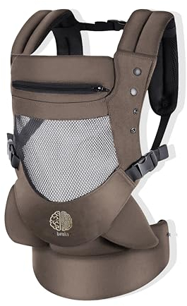 Babytrage ergonomische für Neugeborene 3D-Mesh super ergonomisch 4 Positionen mit verstellbarer Kapuze von 4 Monaten bis 18 kg (braun)
