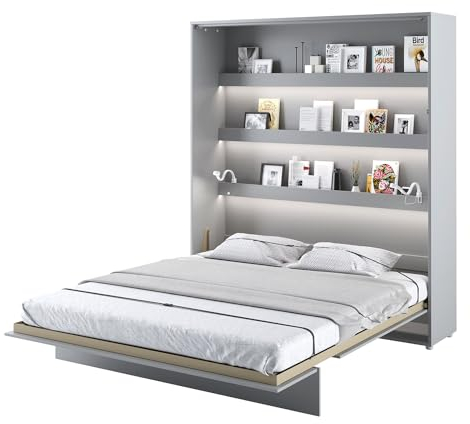 MEBLINI Schrankbett Bed Concept - Wandbett mit Lattenrost - Klappbett mit Schrank - Wandklappbett - Murphy Bed - Bettschrank - BC-13-180x200cm Vertikal - Grau Matt mit Matratze