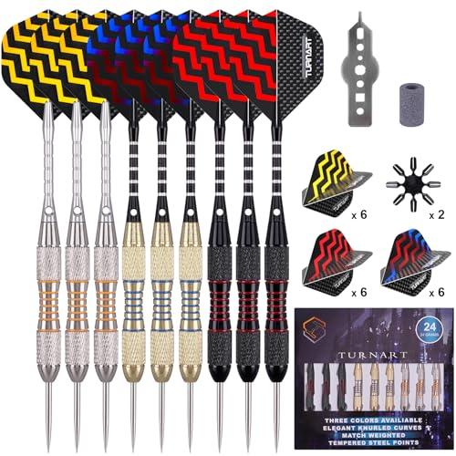 Turnart Dartpfeile Metallspitze 9 Stück 24 Gramm Dartpfeile Profi Dartpfeile Steel Set Steeldarts18 Flights Geschenketui 2 Flight-Protektoren, einen Dart-Spitzenschärferstein