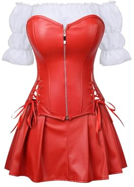 Korsett Kunstleder Corsage Kleid Rock Hemd Setleder Reißverschluss Damen Burlesque Steampunk Rot 7XL