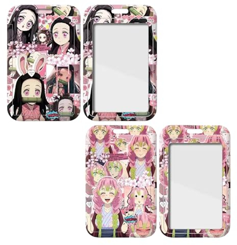 2 Stück Demon Slayer Kamado Nezuko Anime Badge Halter mit Umhängeband Lanyard mit Kartenhalter, für Ausweis, Schlüssel, Artikel, Büro, Schule, Buskarte