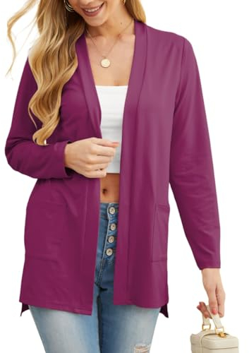 PrinStory Cardigan leggero da donna a maniche lunghe aperto sul davanti cardigan con scollo a V leggero capispalla con tasca, Viola rosso, M