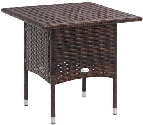 Outsunny Rattan Side Table Outdoor Coffee Table Patio Garden Mixed Brown | Plastic Board Under Full Woven Top, for Balcony