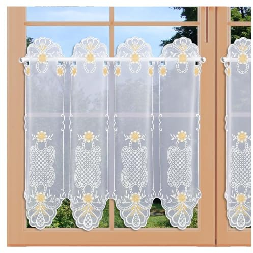 artex deko Landhaus-Scheibenhänger Luise mit Blüten Echte Plauener Spitze bestickte Kurzgardine in weiß-gelb 50 x 48 cm