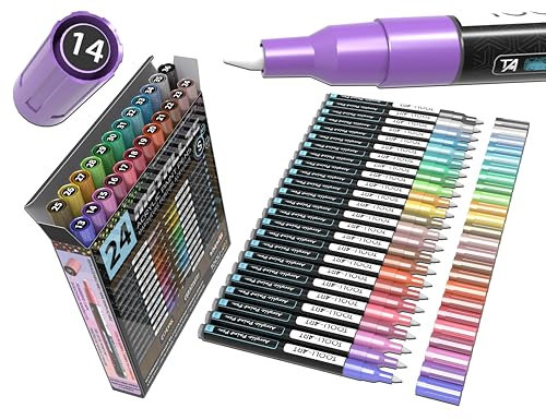 24 Metallic-Acrylfarben-Marker, Farbstifte-Set, 0,7 mm, extra feine Spitze, für Steinmalerei, Glas, Tassen, Holz, Metall, Leinwand, DIY-Projekte, Umrisse, Detaillierung, ungiftig, auf Wasserbasis,