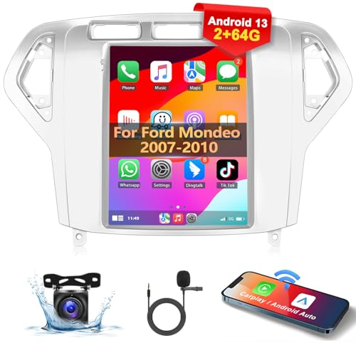 Podofo Autoradio für Ford Mondeo MK4 2007-2010 with Wireless Carplay Android Auto, 2+64G Android 13 Auto Radio mit 9,7-Zoll-Vertikalbildschirm, GPS, WiFi, RDS + Rückfahrkamera & Mic