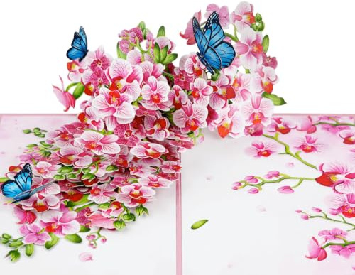 QuindaUK Pop-Up-Geburtstagskarte, 3D-Karte, Muttertag, Jahrestag, Valentinstag, Frauen-Muttertagsgeschenke (Größe 15 x 20 cm, Schmetterlinge, rosa Orchidee)