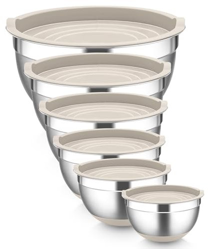 Homikit Mixing Bowl Set of 6, Stainless Steel Salad Bowls with Airtight Lids for Baking Serving Storing, Nesting Bowls & Silicone Base, Dishwasher Safe, Size 0.7/1.2/1.6/2.5/2.8/4.6 L - Khaki