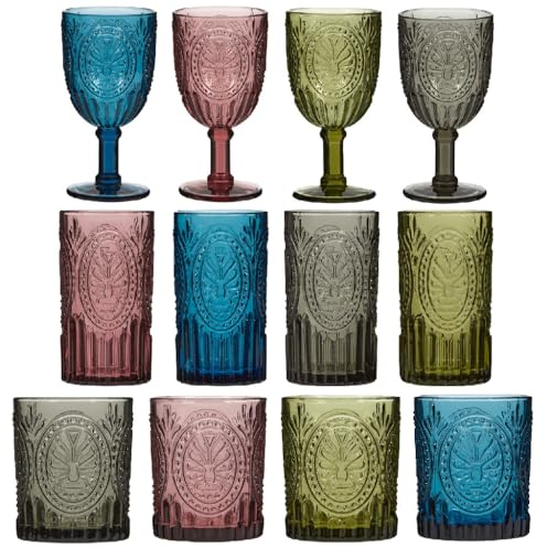 12pc Glassware Set of 4 Goblet Wine Glasses, Highball Glasses & Tumbler Glasses - Colourful Blue, Grey, Green & Pink Drinking Glasses with Embossed Finish Vintage Style Alfresco Dining Glass Set